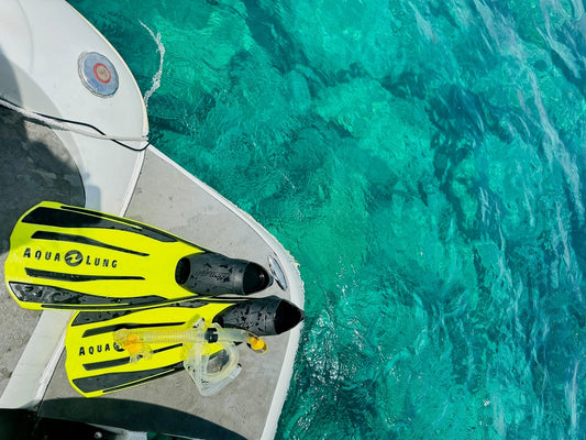 What makes sunscreen reef-safe: Alligator Sunday mineral sunscreen without oxybenzone or octinoxateSnorkel fins and mask on a boat over clear turquoise water: what makes sunscreen reef-safe, Alligator Sunday journal